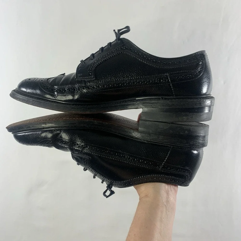 VTG Hanover Mens Longwing Wingtip Brogue Derby Oxford Dress Shoes Size 8.5 Black
